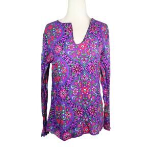Vintage 70s Purple and Pink Mandala Floral Print Long Sleeve Top S